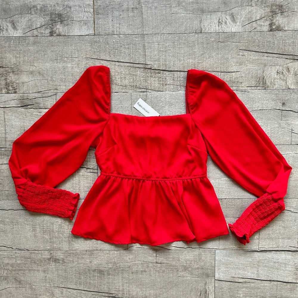 NWT Francesca's Mi Ami Red Peplum Square Neck Ruched Bright Red Bloues Top S